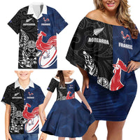 France And New Zealand Rugby Custom Family Matching Off Shoulder Short Dress and Hawaiian Shirt Les Bleus Rooster With Maori Tiki - Polynesian Pride