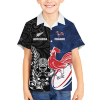 France And New Zealand Rugby Custom Family Matching Short Sleeve Bodycon Dress and Hawaiian Shirt Les Bleus Rooster With Maori Tiki - Polynesian Pride