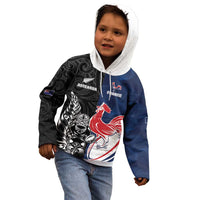 France And New Zealand Rugby Custom Kid Hoodie Les Bleus Rooster With Maori Tiki - Polynesian Pride