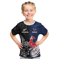 France And New Zealand Rugby Custom Kid T Shirt Les Bleus Rooster With Maori Tiki - Polynesian Pride