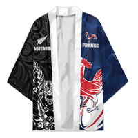 France And New Zealand Rugby Custom Kimono Les Bleus Rooster With Maori Tiki - Polynesian Pride