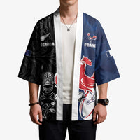 France And New Zealand Rugby Custom Kimono Les Bleus Rooster With Maori Tiki - Polynesian Pride