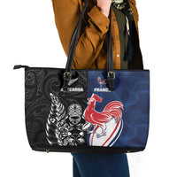 France And New Zealand Rugby Leather Tote Bag Les Bleus Rooster With Maori Tiki - Polynesian Pride