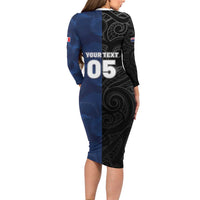 France And New Zealand Rugby Custom Long Sleeve Bodycon Dress Les Bleus Rooster With Maori Tiki - Polynesian Pride