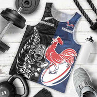 France And New Zealand Rugby Custom Men Tank Top Les Bleus Rooster With Maori Tiki - Polynesian Pride