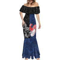 France And New Zealand Rugby Custom Mermaid Dress Les Bleus Rooster With Maori Tiki - Polynesian Pride