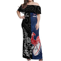 France And New Zealand Rugby Custom Off Shoulder Maxi Dress Les Bleus Rooster With Maori Tiki - Polynesian Pride