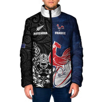 France And New Zealand Rugby Custom Padded Jacket Les Bleus Rooster With Maori Tiki - Polynesian Pride