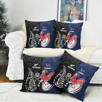 France And New Zealand Rugby Pillow Cover Les Bleus Rooster With Maori Tiki - Polynesian Pride