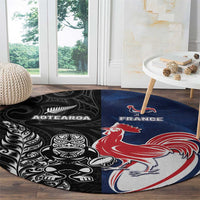 France And New Zealand Rugby Round Carpet Les Bleus Rooster With Maori Tiki - Polynesian Pride