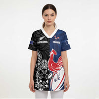 France And New Zealand Rugby Custom Scrub Top Les Bleus Rooster With Maori Tiki - Polynesian Pride