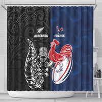 France And New Zealand Rugby Shower Curtain Les Bleus Rooster With Maori Tiki - Polynesian Pride