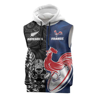 France And New Zealand Rugby Custom Sleeveless Hoodie Les Bleus Rooster With Maori Tiki - Polynesian Pride