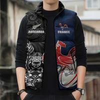 France And New Zealand Rugby Custom Sleeveless Puffer Jacket Les Bleus Rooster With Maori Tiki - Polynesian Pride