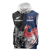 France And New Zealand Rugby Custom Sleeveless Zip Hoodie Les Bleus Rooster With Maori Tiki - Polynesian Pride