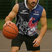 France And New Zealand Rugby Custom Sleeveless Zip Hoodie Les Bleus Rooster With Maori Tiki - Polynesian Pride