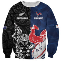 France And New Zealand Rugby Custom Sweatshirt Les Bleus Rooster With Maori Tiki - Polynesian Pride