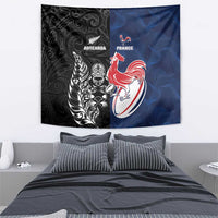 France And New Zealand Rugby Tapestry Les Bleus Rooster With Maori Tiki - Polynesian Pride