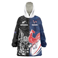 France And New Zealand Rugby Custom Wearable Blanket Hoodie Les Bleus Rooster With Maori Tiki - Polynesian Pride