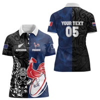 France And New Zealand Rugby Custom Women Polo Shirt Les Bleus Rooster With Maori Tiki - Polynesian Pride