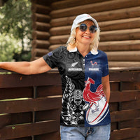 France And New Zealand Rugby Custom Women Polo Shirt Les Bleus Rooster With Maori Tiki - Polynesian Pride