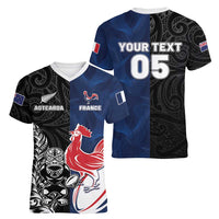 France And New Zealand Rugby Custom Women V-Neck T-Shirt Les Bleus Rooster With Maori Tiki - Polynesian Pride