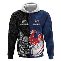 France And New Zealand Rugby Custom Zip Hoodie Les Bleus Rooster With Maori Tiki - Polynesian Pride