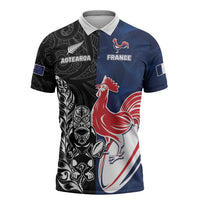 France And New Zealand Rugby Custom Zipper Polo Shirt Les Bleus Rooster With Maori Tiki - Polynesian Pride