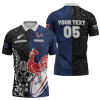 France And New Zealand Rugby Custom Zipper Polo Shirt Les Bleus Rooster With Maori Tiki - Polynesian Pride