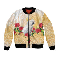 New Zealand Aotearoa Cockatoo Bomber Jacket Maori Pattern With Pohutukawa Flowers LT05 Unisex Beige - Polynesian Pride