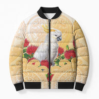 New Zealand Aotearoa Cockatoo Bomber Puffer Jacket Maori Pattern With Pohutukawa Flowers LT05 Unisex Beige - Polynesian Pride