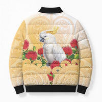 New Zealand Aotearoa Cockatoo Bomber Puffer Jacket Maori Pattern With Pohutukawa Flowers LT05 - Polynesian Pride