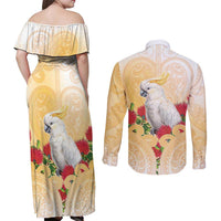 New Zealand Aotearoa Cockatoo Couples Matching Off Shoulder Maxi Dress and Long Sleeve Button Shirt Maori Pattern With Pohutukawa Flowers