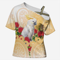 New Zealand Aotearoa Cockatoo Cross Shoulder Shirt Maori Pattern With Pohutukawa Flowers LT05 Female Beige - Polynesian Pride