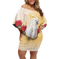 New Zealand Aotearoa Cockatoo Family Matching Off Shoulder Short Dress and Hawaiian Shirt Maori Pattern With Pohutukawa Flowers