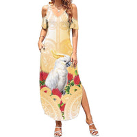 New Zealand Aotearoa Cockatoo Family Matching Summer Maxi Dress and Hawaiian Shirt Maori Pattern With Pohutukawa Flowers
