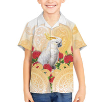 New Zealand Aotearoa Cockatoo Family Matching Summer Maxi Dress and Hawaiian Shirt Maori Pattern With Pohutukawa Flowers