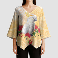 New Zealand Aotearoa Cockatoo Kimono Sleeve Blouse Maori Pattern With Pohutukawa Flowers LT05 - Polynesian Pride