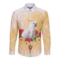 New Zealand Aotearoa Cockatoo Long Sleeve Button Shirt Maori Pattern With Pohutukawa Flowers LT05 Unisex Beige - Polynesian Pride