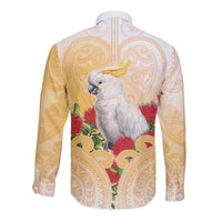 New Zealand Aotearoa Cockatoo Long Sleeve Button Shirt Maori Pattern With Pohutukawa Flowers LT05 - Polynesian Pride