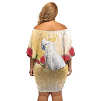 New Zealand Aotearoa Cockatoo Off Shoulder Short Dress Maori Pattern With Pohutukawa Flowers LT05 - Polynesian Pride