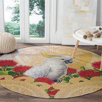 New Zealand Aotearoa Cockatoo Round Carpet Maori Pattern With Pohutukawa Flowers LT05 - Polynesian Pride