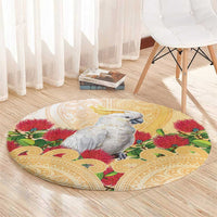 New Zealand Aotearoa Cockatoo Round Carpet Maori Pattern With Pohutukawa Flowers LT05 - Polynesian Pride
