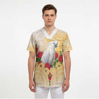 New Zealand Aotearoa Cockatoo Scrub Top Maori Pattern With Pohutukawa Flowers LT05 - Polynesian Pride