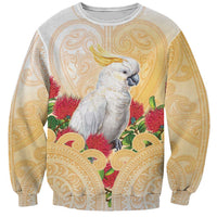New Zealand Aotearoa Cockatoo Sweatshirt Maori Pattern With Pohutukawa Flowers LT05 Unisex Beige - Polynesian Pride