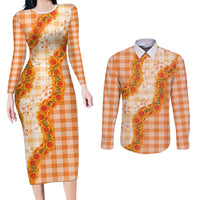 Orange Hawaii Palaka Couples Matching Long Sleeve Bodycon Dress and Long Sleeve Button Shirt Hawaiian Ilima Lei