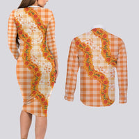 Orange Hawaii Palaka Couples Matching Long Sleeve Bodycon Dress and Long Sleeve Button Shirt Hawaiian Ilima Lei