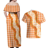 Orange Hawaii Palaka Couples Matching Off Shoulder Maxi Dress and Hawaiian Shirt Hawaiian Ilima Lei LT05 - Polynesian Pride