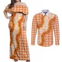 Orange Hawaii Palaka Couples Matching Off Shoulder Maxi Dress and Long Sleeve Button Shirt Hawaiian Ilima Lei LT05 Orange - Polynesian Pride