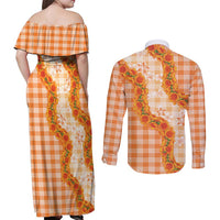 Orange Hawaii Palaka Couples Matching Off Shoulder Maxi Dress and Long Sleeve Button Shirt Hawaiian Ilima Lei LT05 - Polynesian Pride